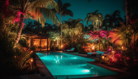 Tropical palm trees illuminate luxury resort tranquil poolside at dusk generated by artificial intelligenceの素材