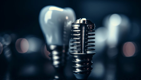 Shiny metal electric lamp illuminates dark stage with efficiency generated by artificial intelligenceの素材