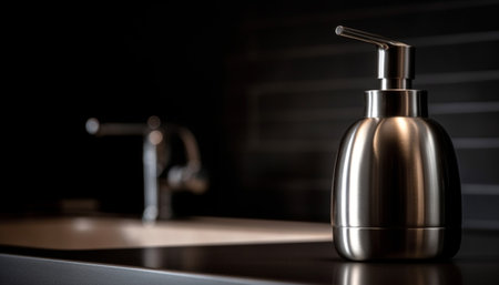 Modern chrome faucet adds elegance to clean, metallic bathroom design generated by artificial intelligenceの素材