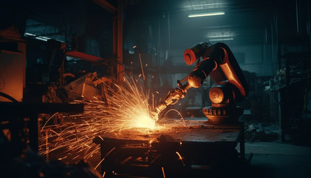 Metalworkers use machinery and robotic arms to weld steel in factories generated by artificial intelligenceの素材