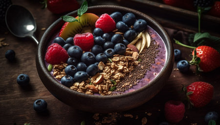 Organic berry bowl with granola, yogurt, and fresh fruit toppings generated by artificial intelligenceの素材