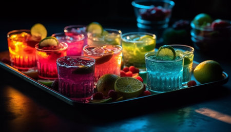 Fresh fruit cocktail on wooden table at lively night bar generated by artificial intelligenceの素材