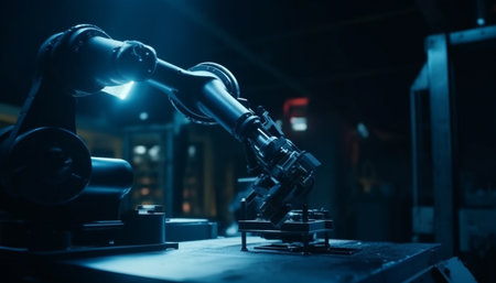 Futuristic robotic arm analyzing steel machinery in illuminated laboratory generated by artificial intelligenceの素材
