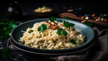 Healthy vegetarian risotto meal with fresh parsley and parmesan cheese generated by artificial intelligenceの素材