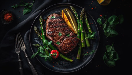 Grilled sirloin steak with fresh asparagus and organic tomato leaf generated by artificial intelligenceの素材
