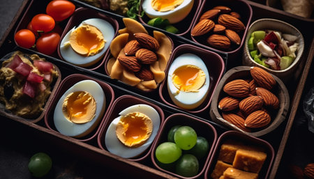 Healthy indulgence a variety of sweet and savory snacks on wood table generated by artificial intelligenceの素材