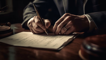 Caucasian businessman studying old fashioned diary, holding pencil and reading page generated by artificial intelligenceの素材