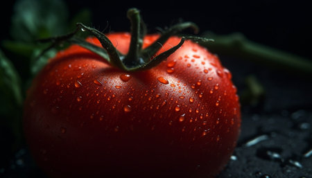 Ripe organic tomato, fresh drop of water, healthy vegetarian meal generated by artificial intelligenceの素材