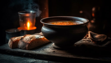 Rustic wood table, organic pumpkin soup, homemade bread, candle burning generated by artificial intelligenceの素材