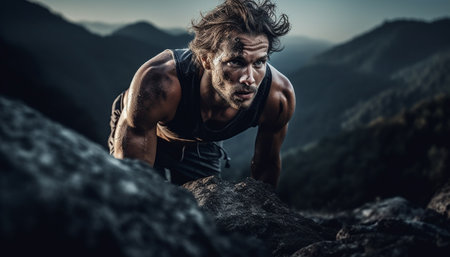Muscular athlete conquers mountain peak, embodying masculinity and determination generated by artificial intelligenceの素材