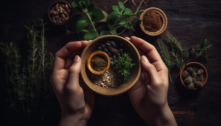 Hand holding fresh organic herb, seasoning vegetarian meal on wood table generated by artificial intelligenceの素材