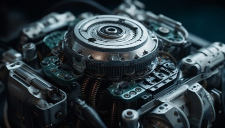 Metallic machinery part of an old car engine in workshop generated by artificial intelligenceの素材