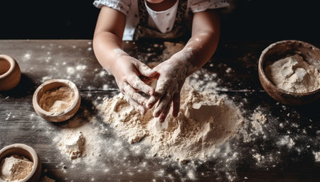Cute Caucasian girl prepares homemade sweet pie in rustic kitchen generated by artificial intelligenceの素材