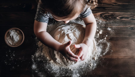 Cute girl enjoys baking homemade cookies with fresh dough and milk generated by artificial intelligenceの素材