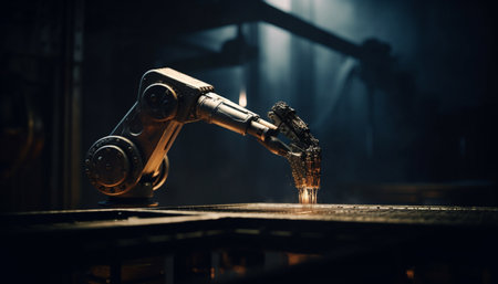 Robotic arm in futuristic factory automates metal production line generated by artificial intelligenceの素材