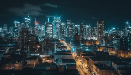 Glowing cityscape with skyscrapers and traffic on multi lane highways generated by artificial intelligenceの素材