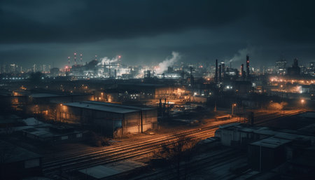 Dark city skyline illuminated by factory smokestacks and transportation motion generated by artificial intelligenceの素材