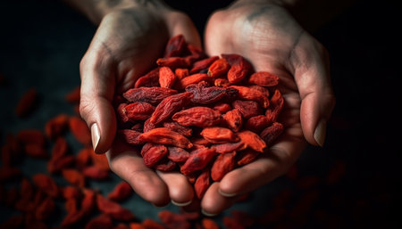 Hand holding a handful of fresh wolfberry, a healthy snack generated by artificial intelligenceの素材
