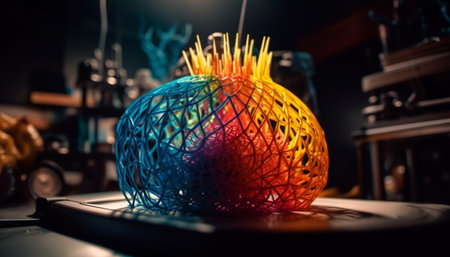 Indoor celebration with colorful decorations, fresh gourmet food, and glowing lighting generated by artificial intelligenceの素材