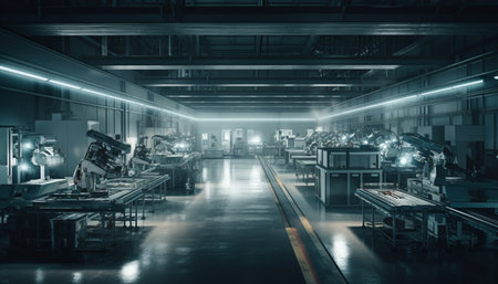 Modern metal industry factory with robotic arms and conveyor belts generated by artificial intelligenceの素材