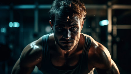 Muscular adult male athlete exercising indoors with determination and strength generated by artificial intelligenceの素材