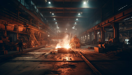 Inside the steel mill, machinery glows in the burning furnace generated by artificial intelligenceの素材