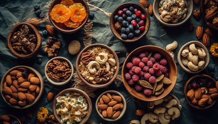 Organic nut bowl almond, cashew pecan walnut, hazelnut, cranberry, blueberry generated by artificial intelligenceの素材