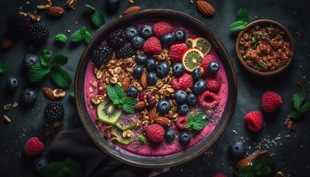 Healthy gourmet snack berry fruit bowl with granola and yogurt generated by artificial intelligenceの素材