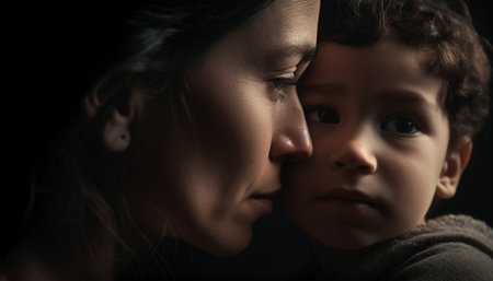 Mother and son embracing, love and togetherness in family portrait generated by artificial intelligenceの素材