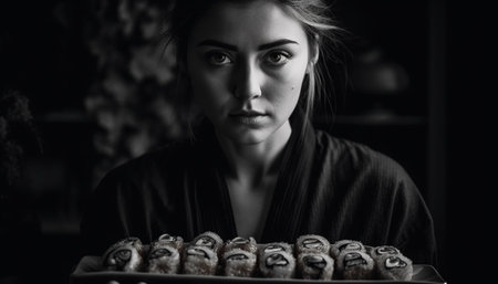 Young adult woman, black and white portrait, looking at camera indoors generated by artificial intelligenceの素材