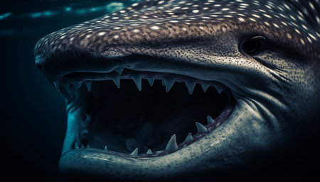 Spooky giant animal teeth roaring in confrontation underwater with scuba divers generated by artificial intelligenceの素材