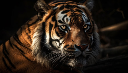 Close up portrait of majestic Bengal tiger staring with aggression generated by artificial intelligenceの素材