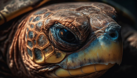 Turtle portrait Close up of endangered reptile multi colored shell and eye generated by artificial intelligenceの素材
