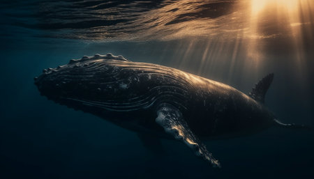 Majestic humpback whale swims in tranquil, deep blue underwater world generated by artificial intelligenceの素材