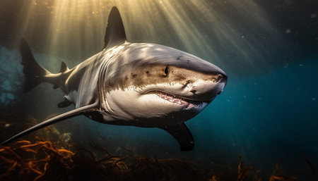 Majestic giant saltwater fish swimming in deep blue tropical waters generated by artificial intelligenceの素材