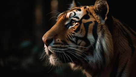 Majestic Bengal tiger staring at camera in wildlife reserve portrait generated by artificial intelligenceの素材