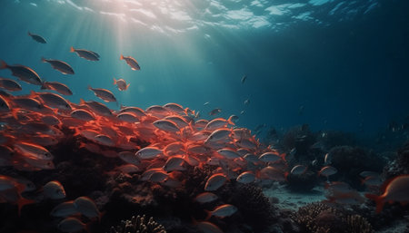 Multi colored reef teeming with sea life in tropical underwater paradise generated by artificial intelligenceの素材