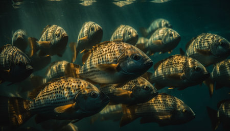 A large group of multi colored fish swimming in a reef generated by artificial intelligenceの素材