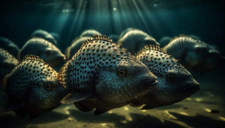 School of fish swimming in a spotted circle underwater reef generated by artificial intelligenceの素材