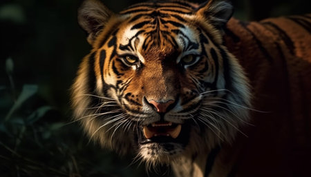 Close up portrait of majestic Bengal tiger staring furiously outdoors generated by artificial intelligenceの素材