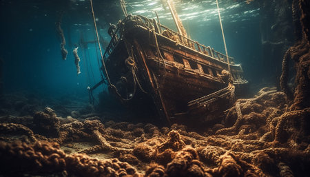 Exploring the rusty shipwreck below, diving into the mysterious seascape generated by artificial intelligenceの素材
