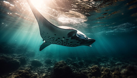 One majestic sea turtle swimming at the bottom of the reef generated by artificial intelligenceの素材