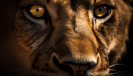 Striped feline staring, alert in nature beauty, watching danger outdoors generated by artificial intelligenceの素材