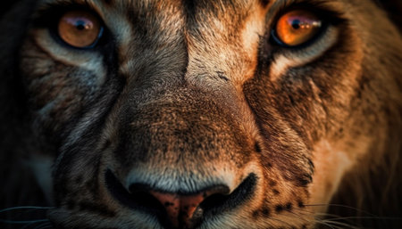 Feline portrait staring at camera, fur and whiskers in focus generated by artificial intelligenceの素材