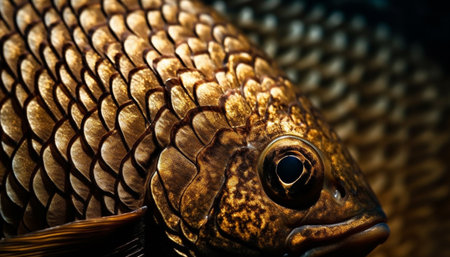 The gold colored fish eye in close up underwater, a beauty in nature generated by artificial intelligenceの素材