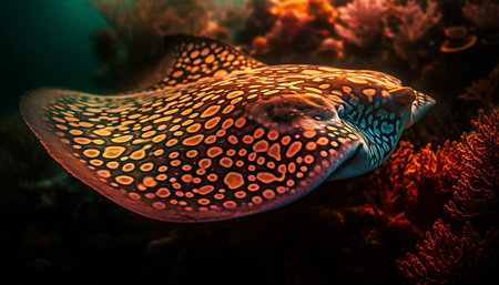 Multi colored tropical fish swimming in close up underwater seascape generated by artificial intelligenceの素材