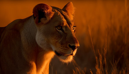 Majestic lioness in the savannah, fur glowing in sunrise sunlight generated by artificial intelligenceの素材