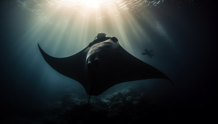 Deep sea diving adventure Majestic manta ray silhouette in underwater landscape generated by artificial intelligenceの素材