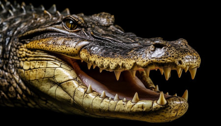 Furious crocodile open mouth threatens animal in the swamp generated by artificial intelligenceの素材