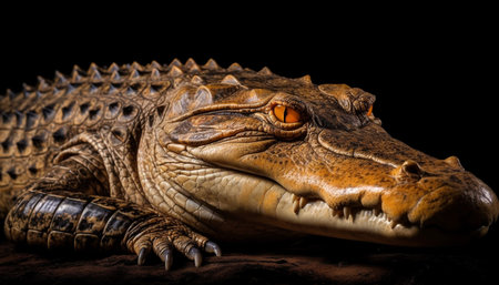 Furious crocodile open mouth, sharp teeth, on black background generated by artificial intelligenceの素材